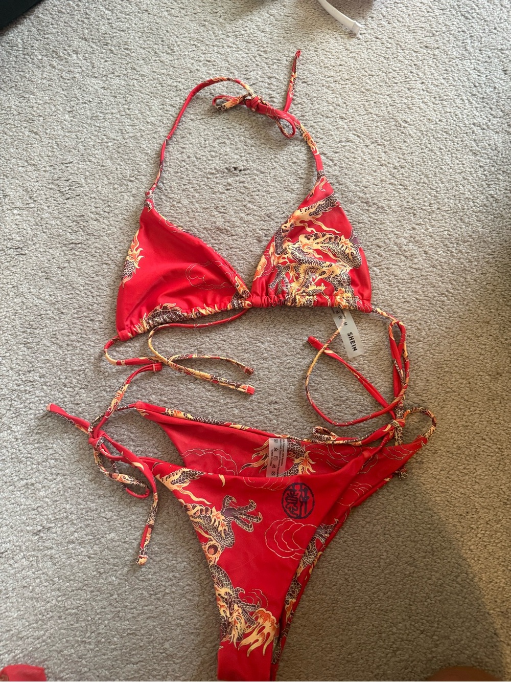 SHEIN Red Dragon Print Triangle Bikini Top with Gold Accents 3 Peices